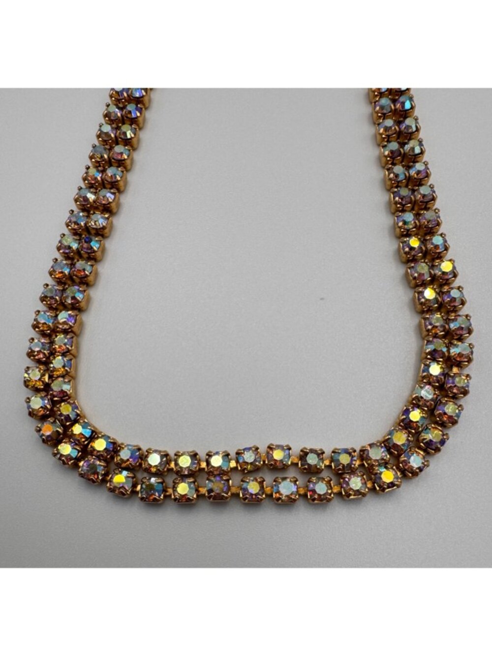 Vintage AB Aurora Borealis Rhinestone Necklace Double Row 1950s 14” - Picture 3 of 10